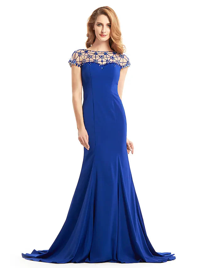 Wholesale Mother of the Bride Dress Elegant Bateau Neck Jersey Short Sleeve with Beading